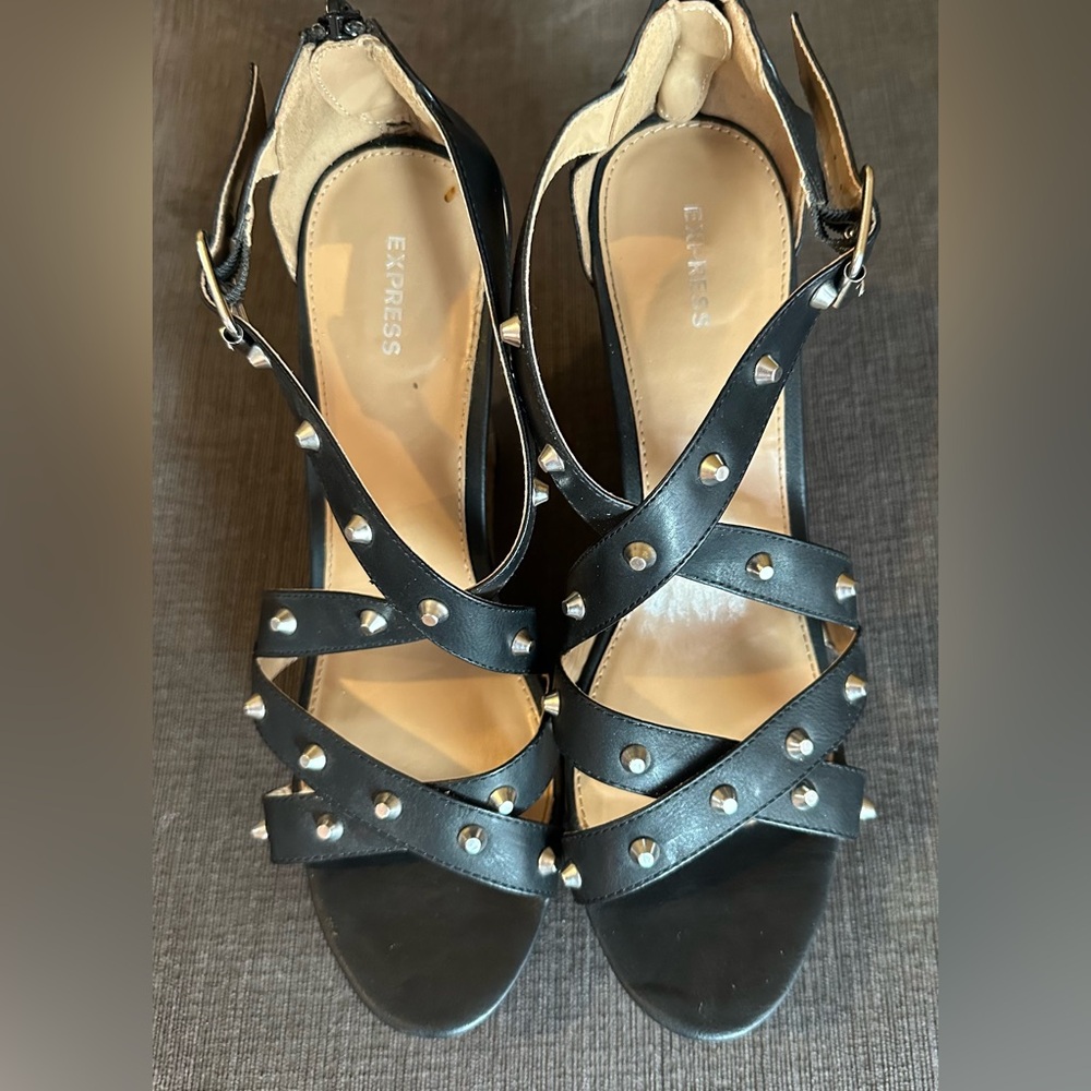 Express Black Studded Women's Cork Wedge 5”Sandals (10)